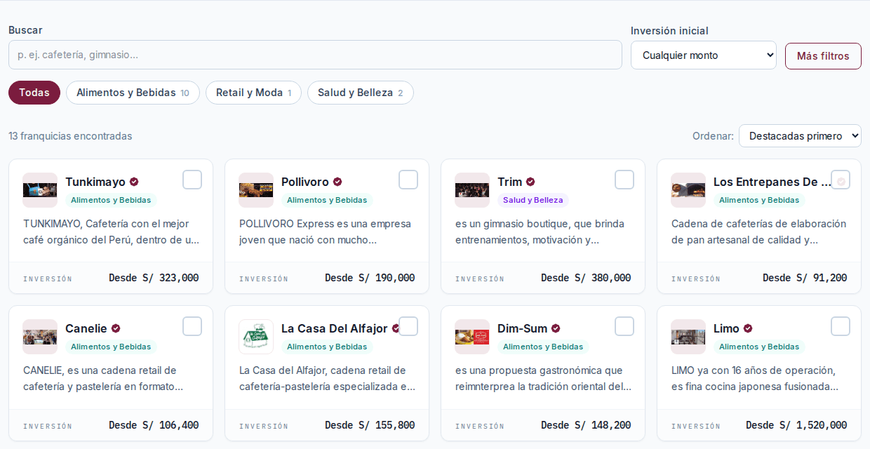 Detalle de los filtros de búsqueda y tarjetas del directorio de Club Franquicia.